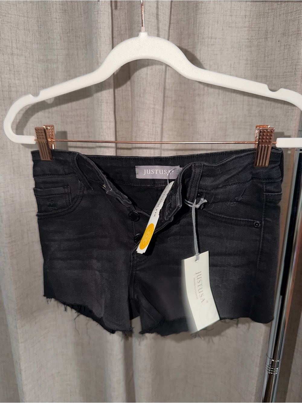 Just USA Black High-Rise Denim Shorts with Button Front